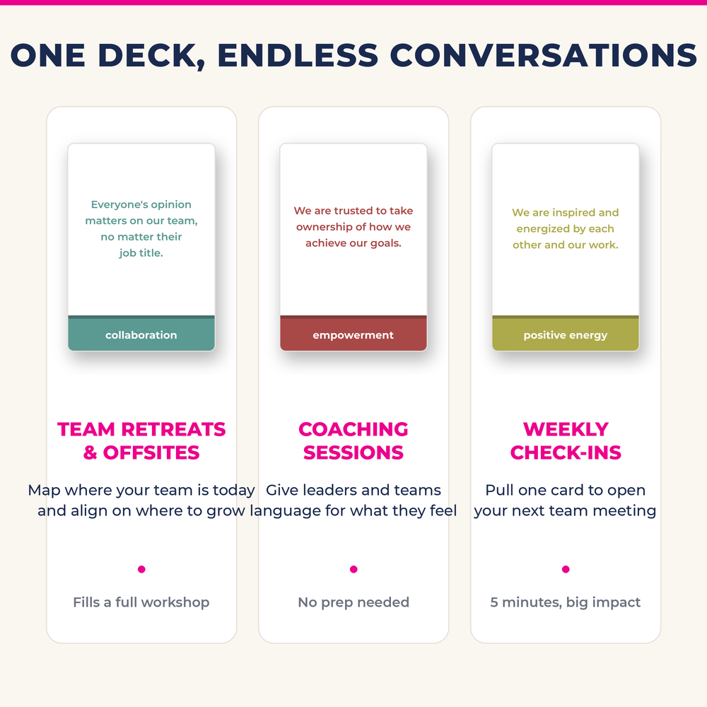 One deck, endless conversations: team retreats and offsites, coaching sessions, and weekly check-ins